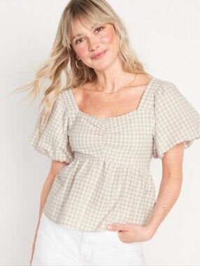 Old Navy Gingham Puff-Sleeve Peplum Top in Beige